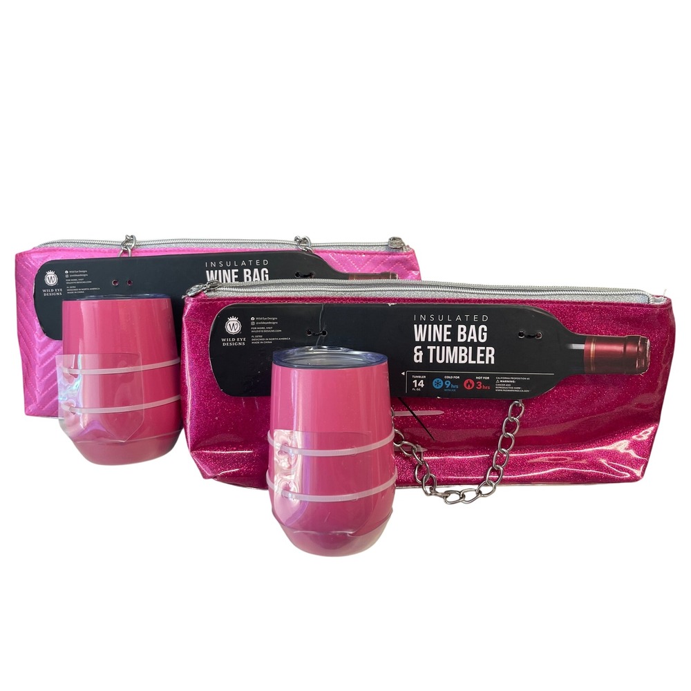2 Wild Eye Designs Pink Glitter Insulated Wine Bag and 14oz Tumbler Sets New‎